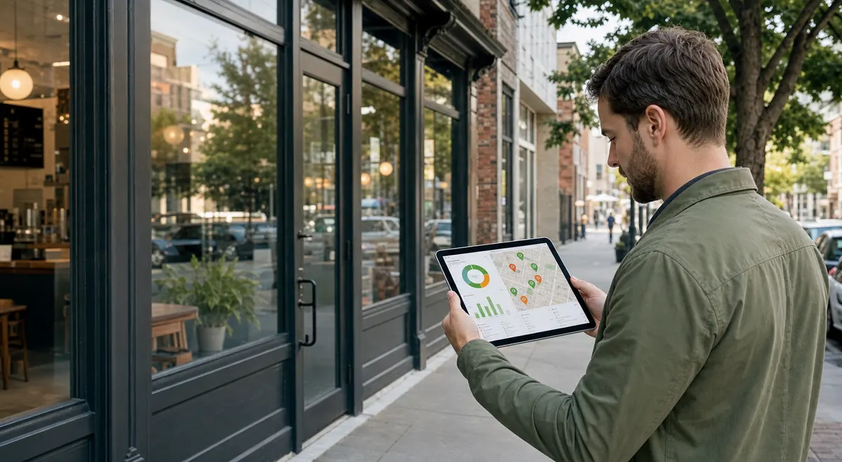 Coffee shop owner reviewing AI store location analysis near a storefront
