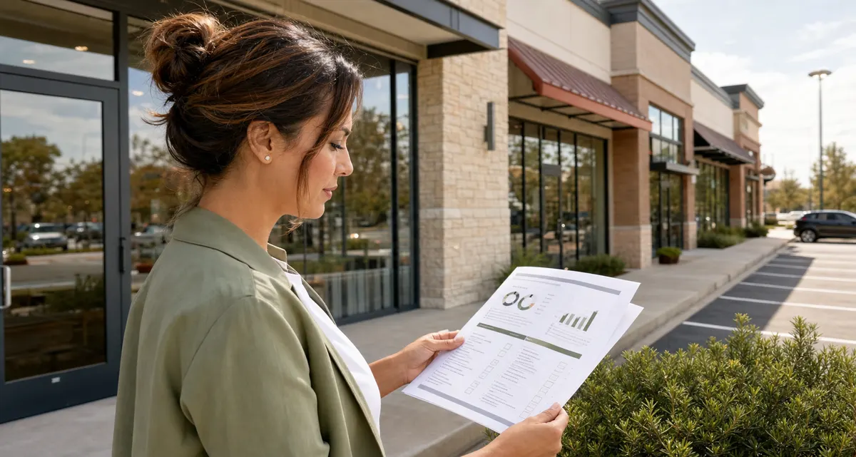 Nail salon owner evaluating a retail plaza storefront with a location screening report