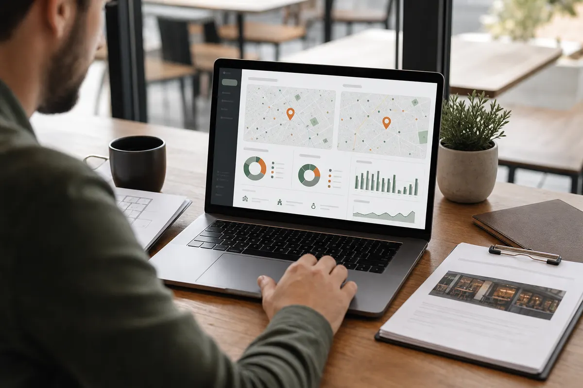 Restaurant owner comparing storefront locations with competitor and demographic analysis dashboard